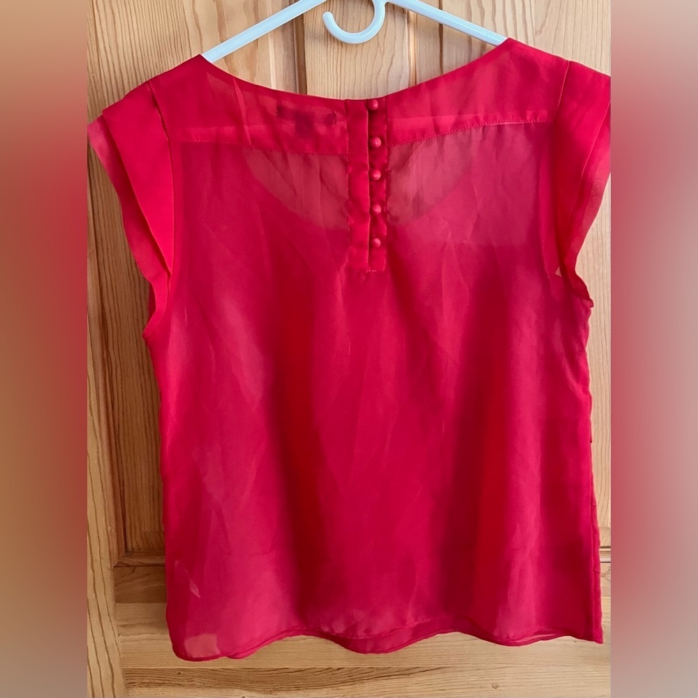 American Eagle Pink Tiered Ruffle Cap Sleeve Blouse Button Back Top Chiffon Med - Picture 9 of 12